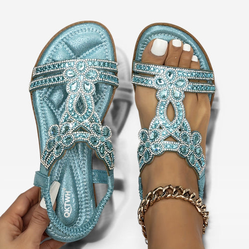 Women's Boho Embellished Flat Sandals – Strappy Open Toe Summer Style