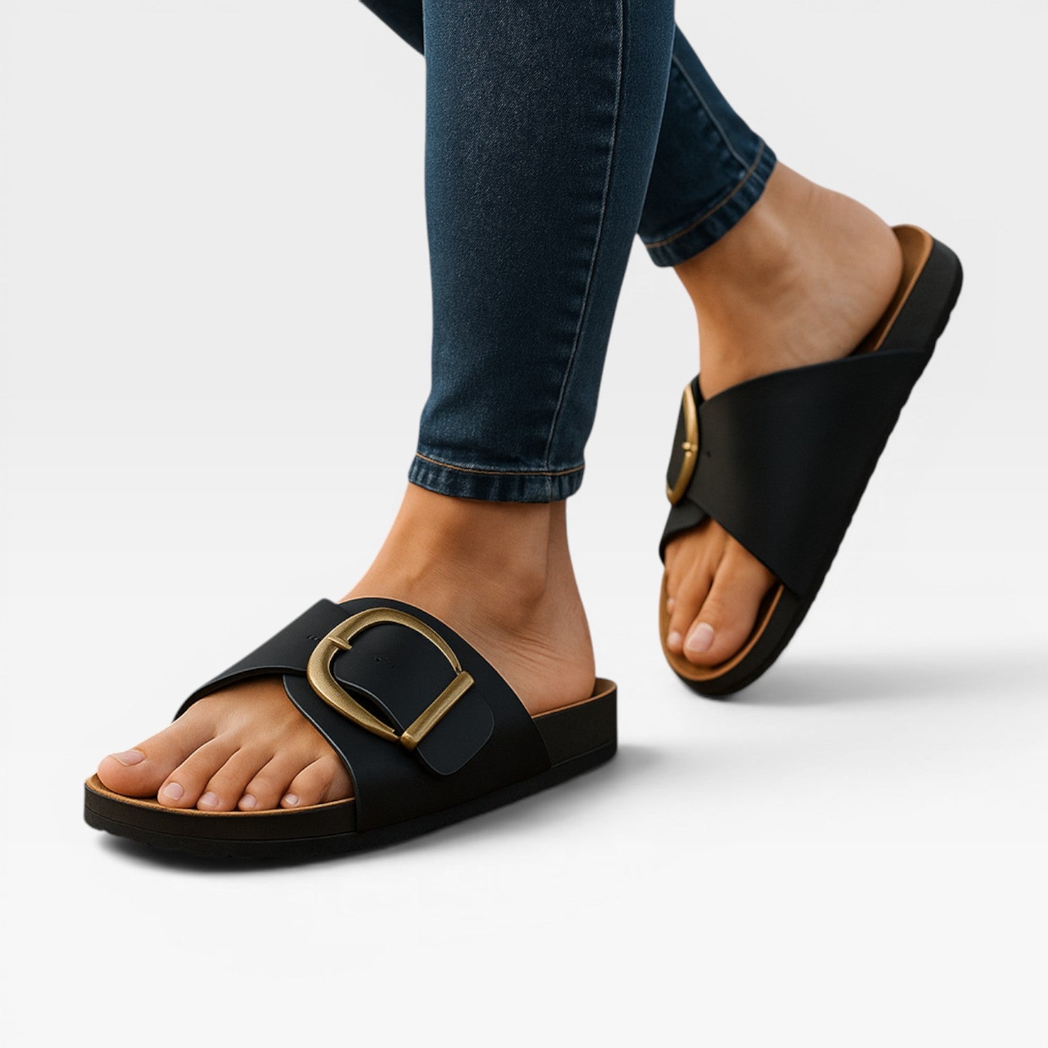 Women’s Summer Slide Sandals – Cushioned Walking Comfort with Gold Buckle