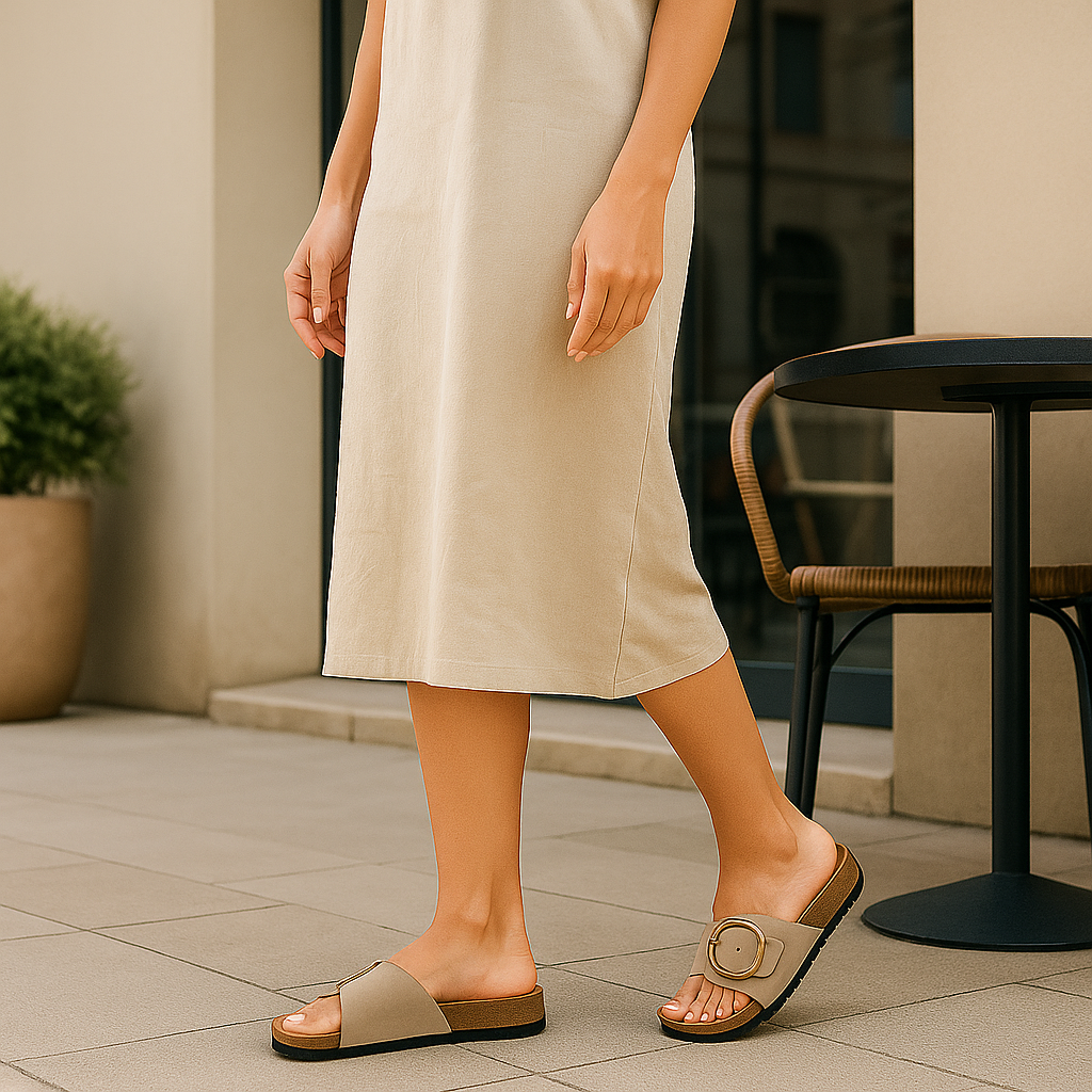 Women’s Summer Slide Sandals – Cushioned Walking Comfort with Gold Buckle