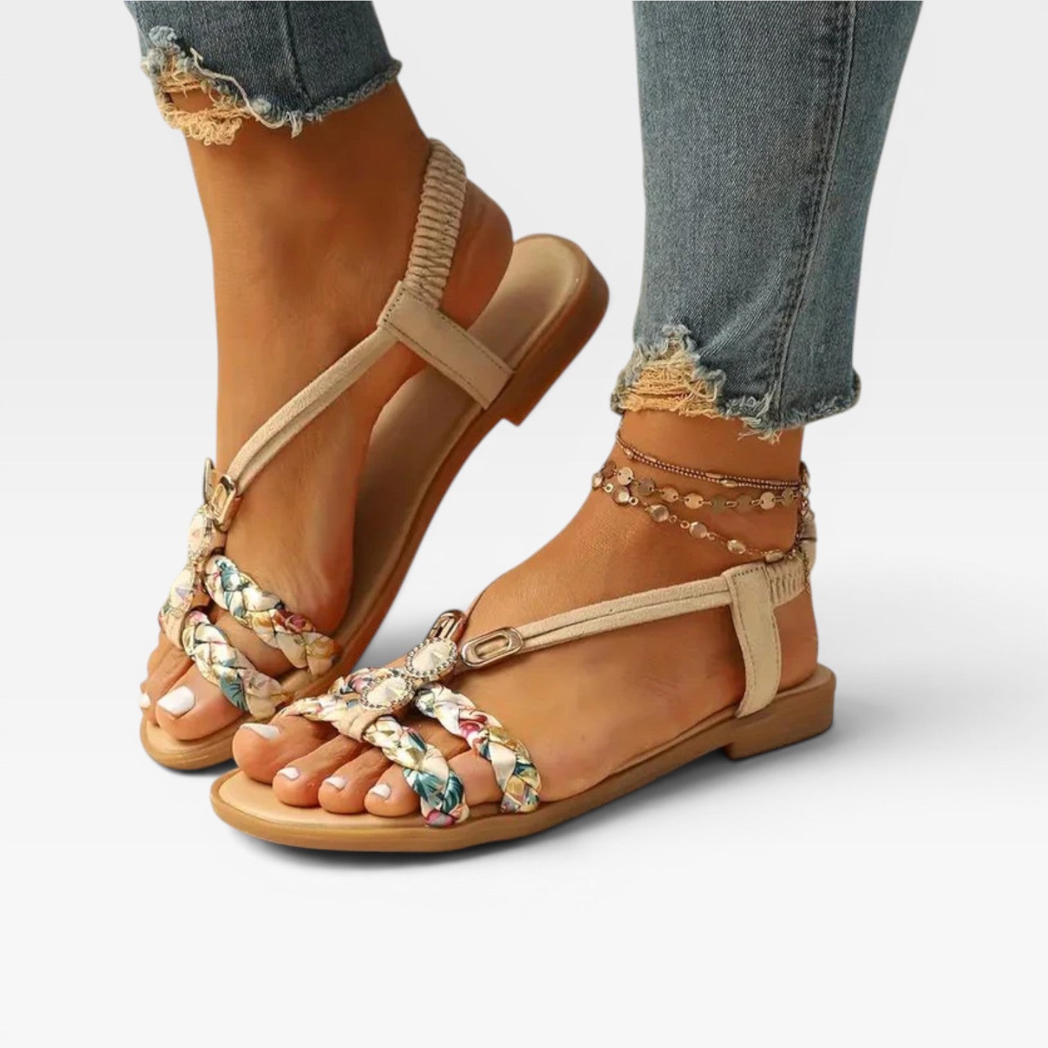Women’s Boho Summer Sandals – Cushioned Walking Sole with Braided Detail