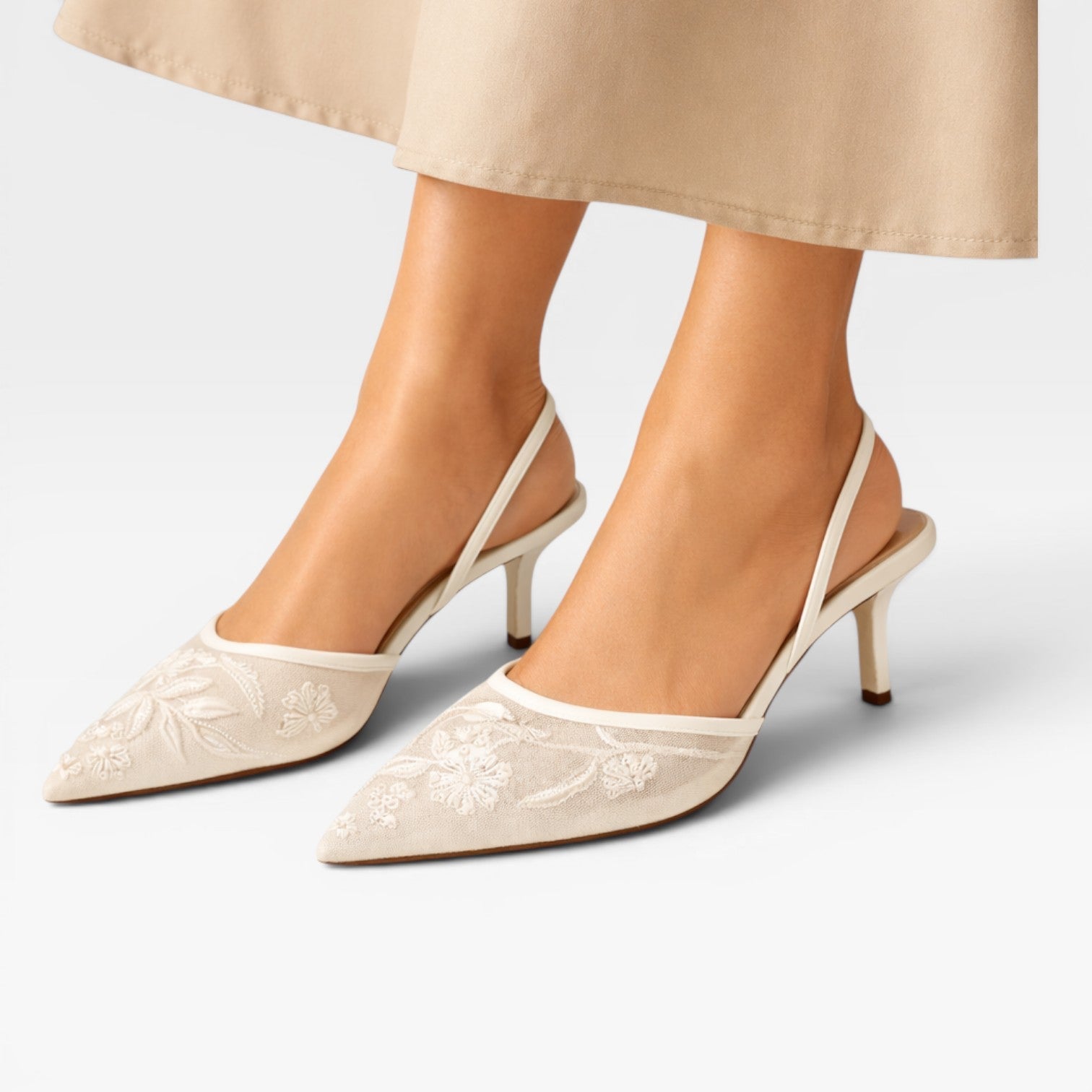 Women's Embroidered Slingback Heels – Floral Mesh Pointed Toe Wedding Shoes