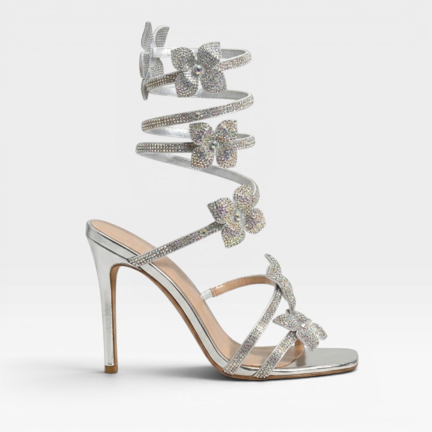 Women's Crystal Flower Heels – Strappy Ankle Wrap Square Toe Party Sandals