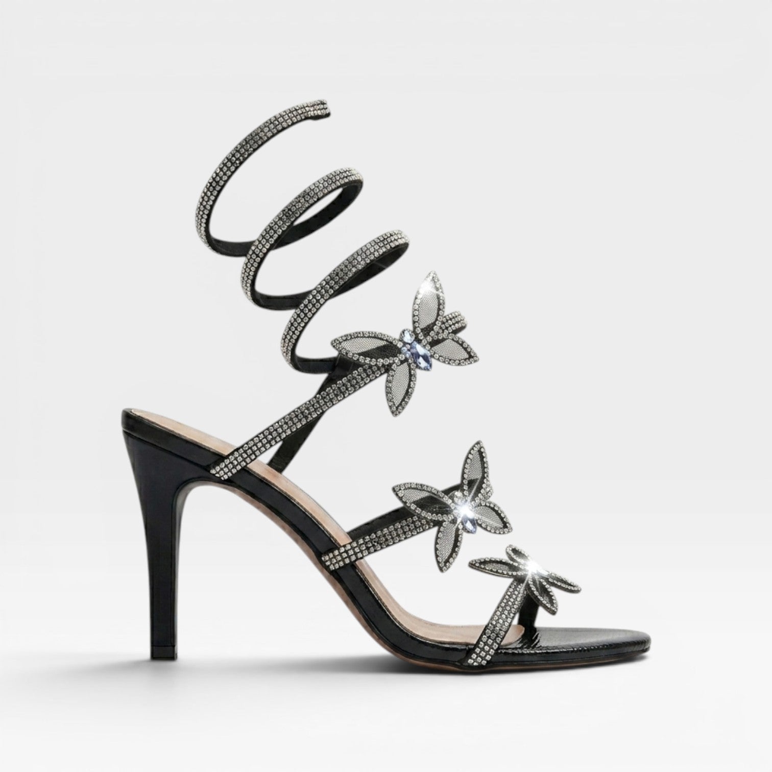 Women's Crystal Butterfly Spiral Heels – Wrap Around Ankle Stiletto Party Sandals