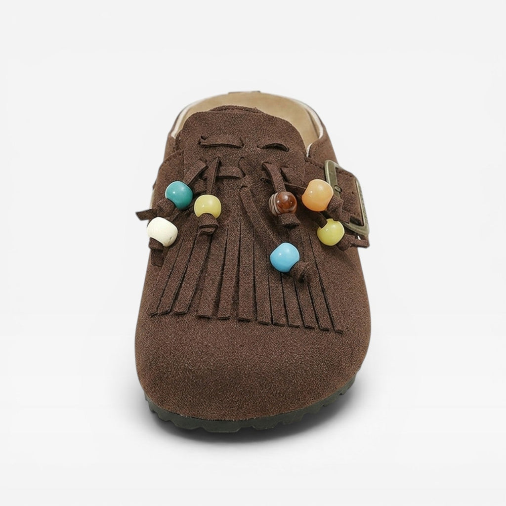 Women’s Suede Boho Clogs – Slip-On Fringe Mules