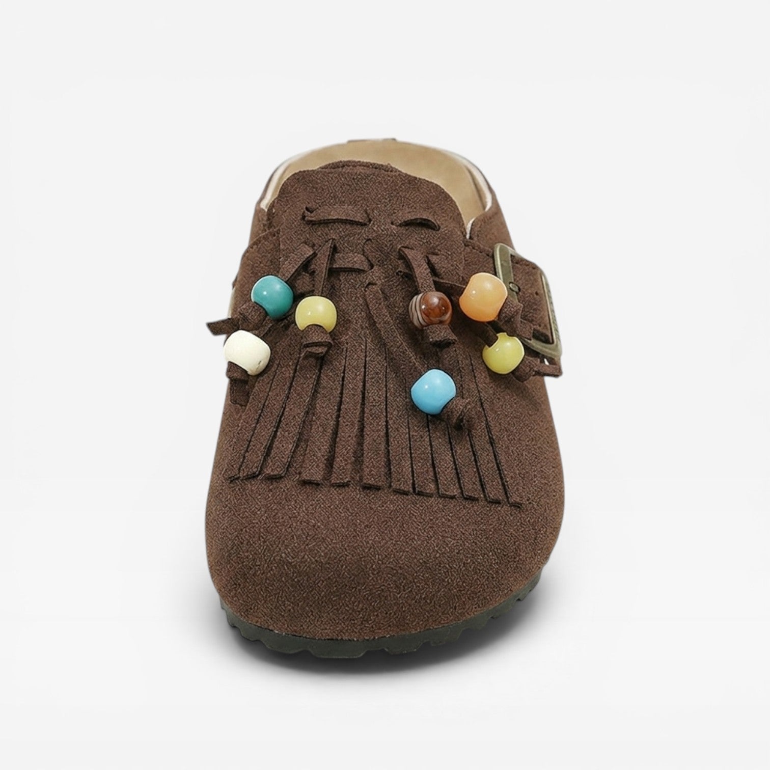 Women’s Suede Boho Clogs – Slip-On Fringe Mules