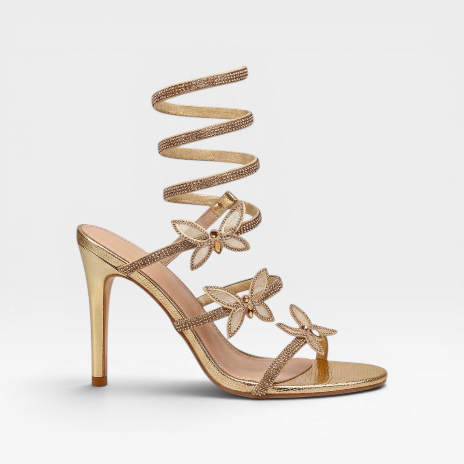 Women's Crystal Butterfly Spiral Heels – Wrap Around Ankle Stiletto Party Sandals