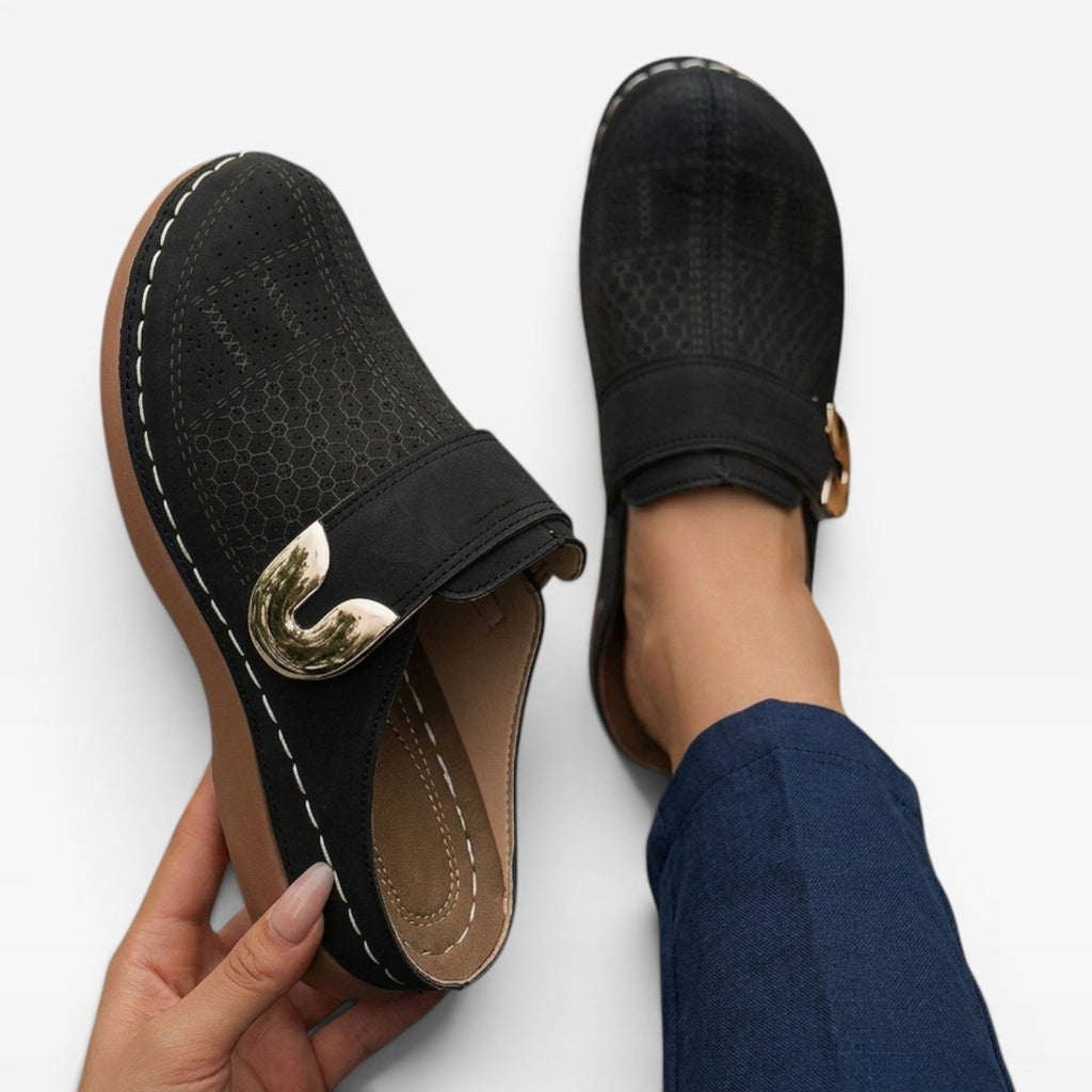 Women's Soft Leather Look Mules – Comfortable Slip On Closed Toe Shoes