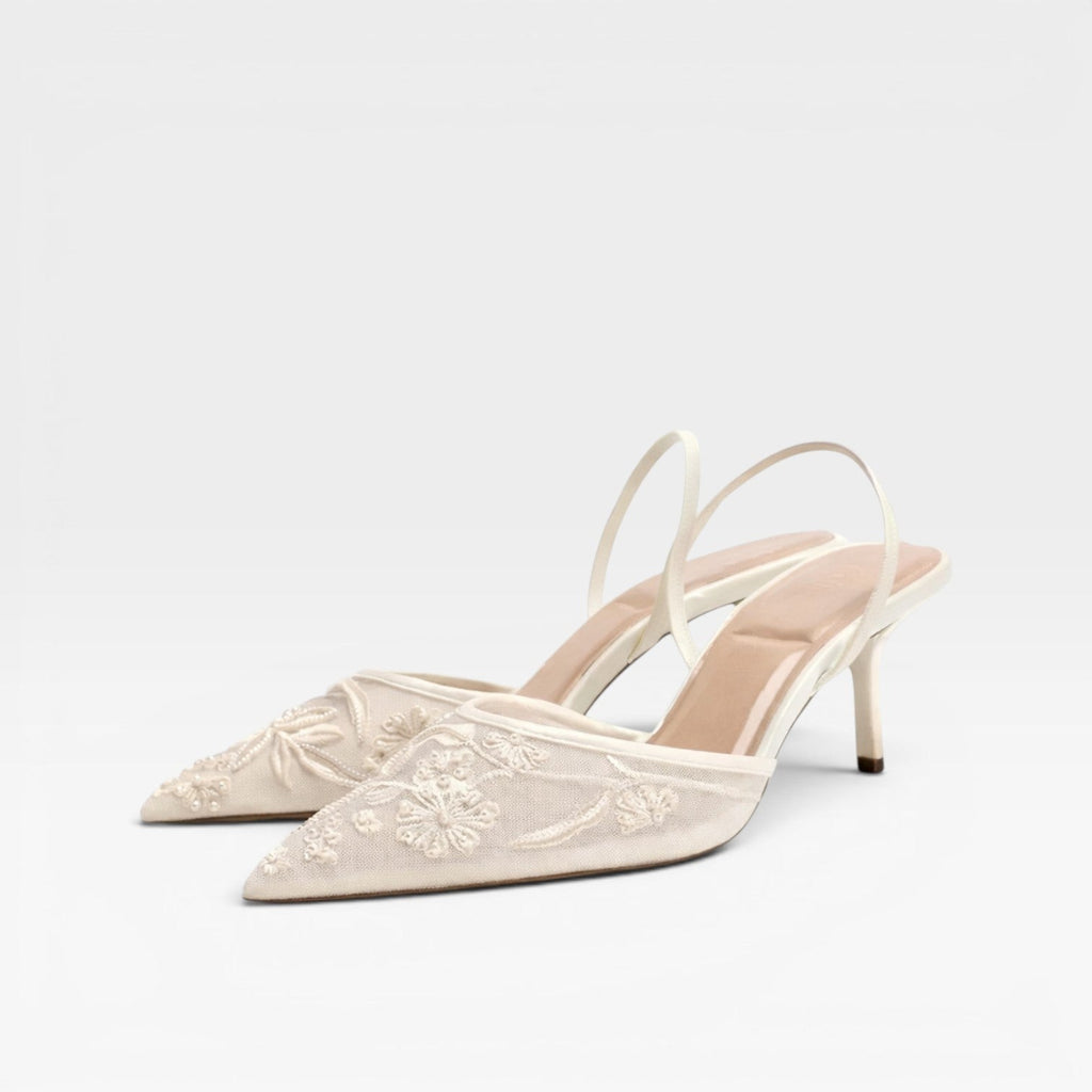 Women's Embroidered Slingback Heels – Floral Mesh Pointed Toe Wedding Shoes