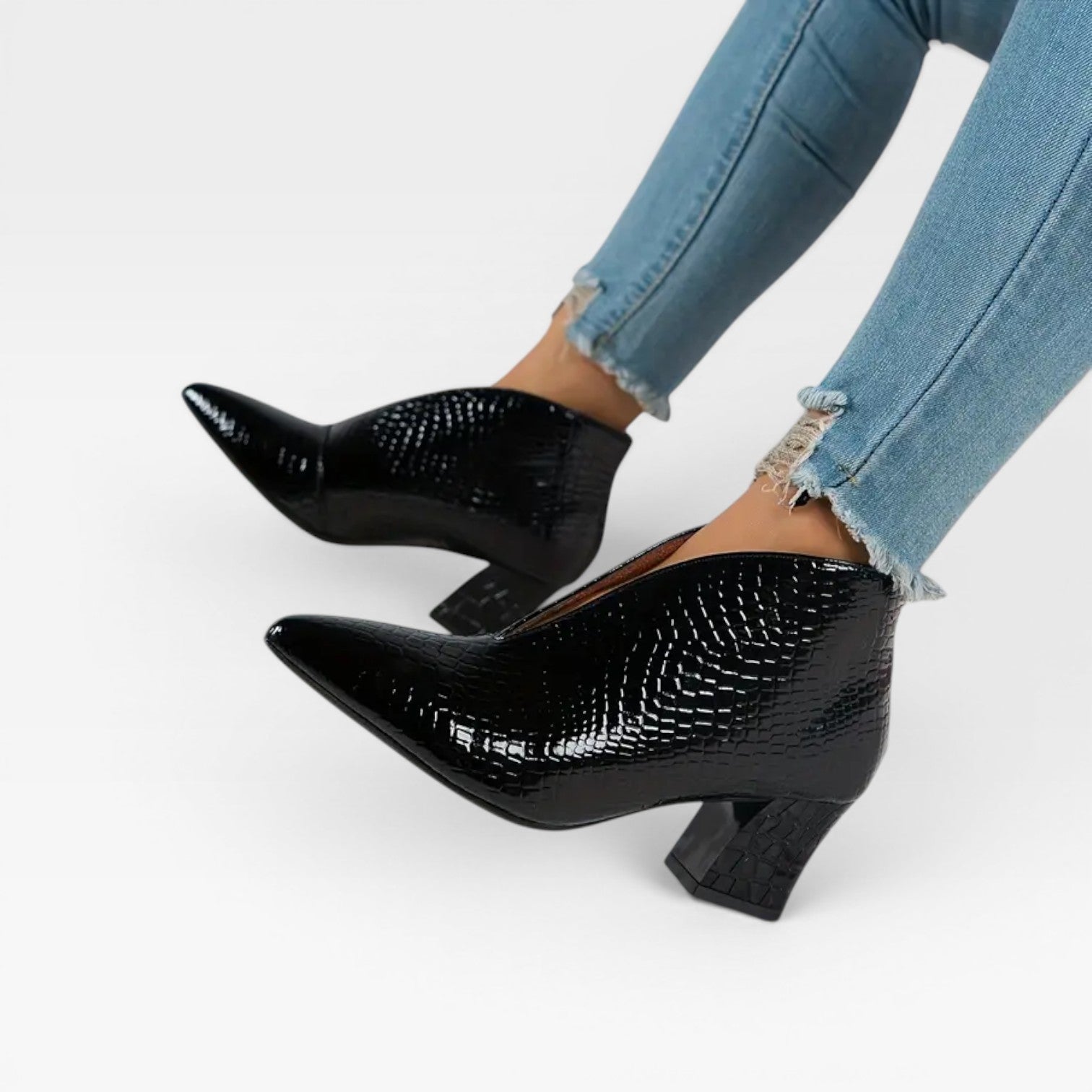 Women’s Croc Effect Ankle Boots – Elegant Pointed Toe Heeled Boots