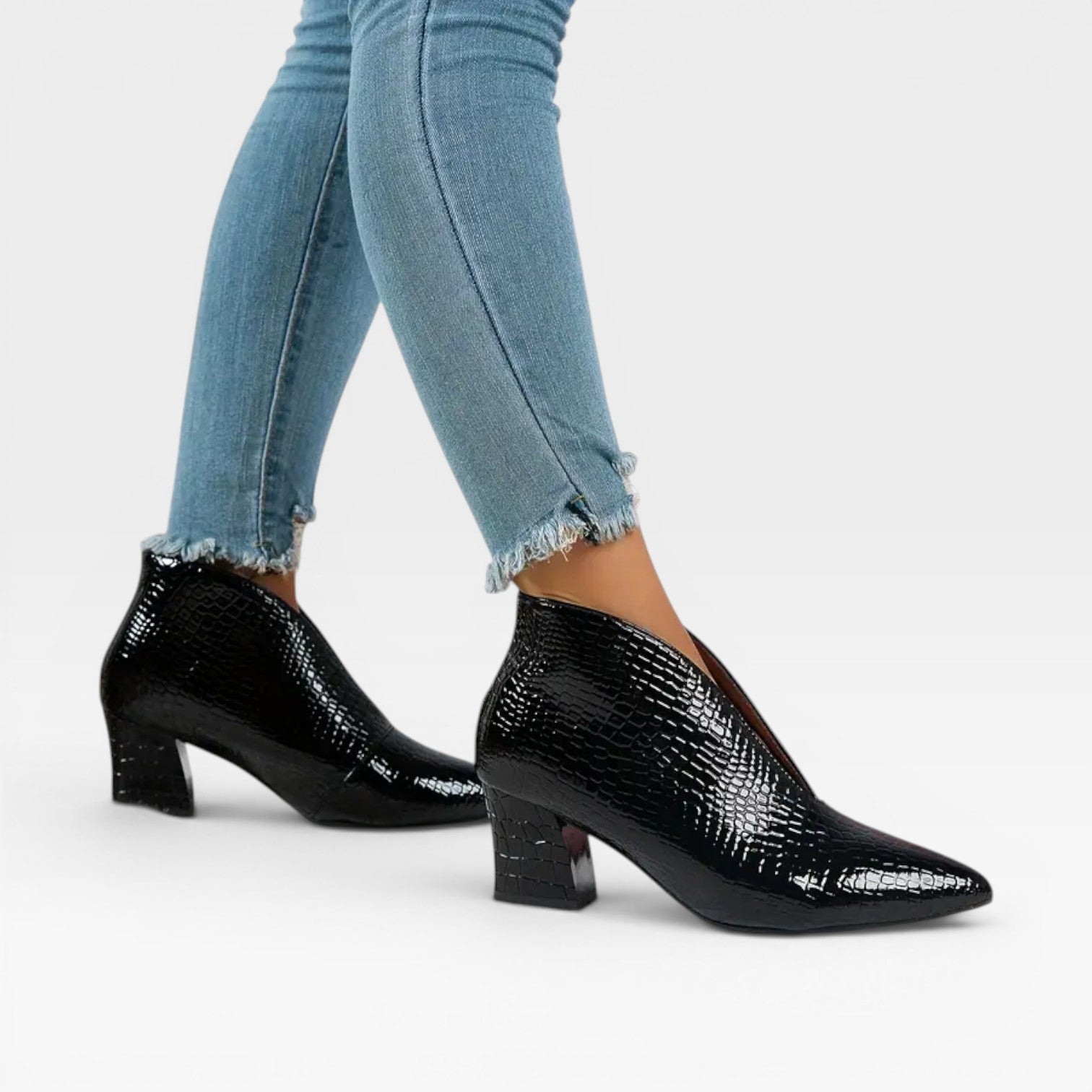 Women’s Croc Effect Ankle Boots – Elegant Pointed Toe Heeled Boots