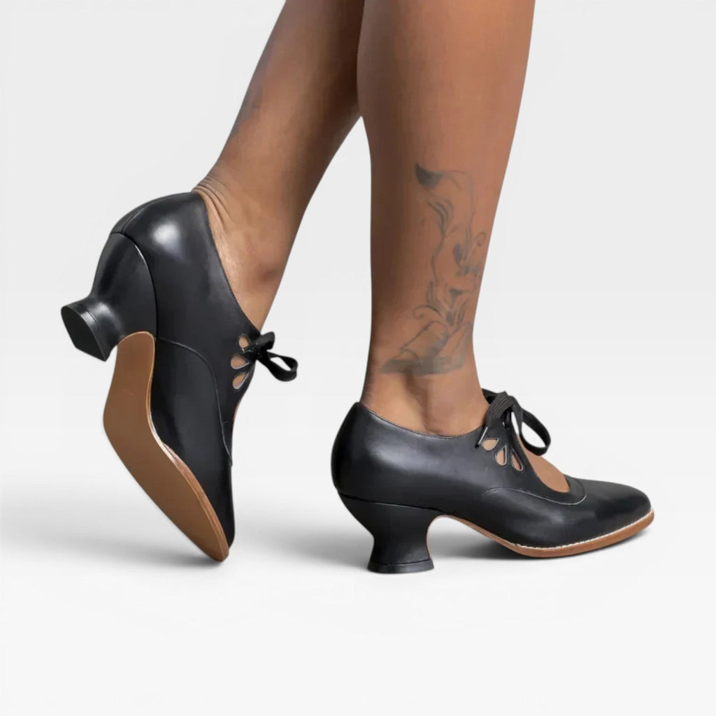 Women’s Leather Lace-Up Heels – Elegant Vintage Low Heel Pumps