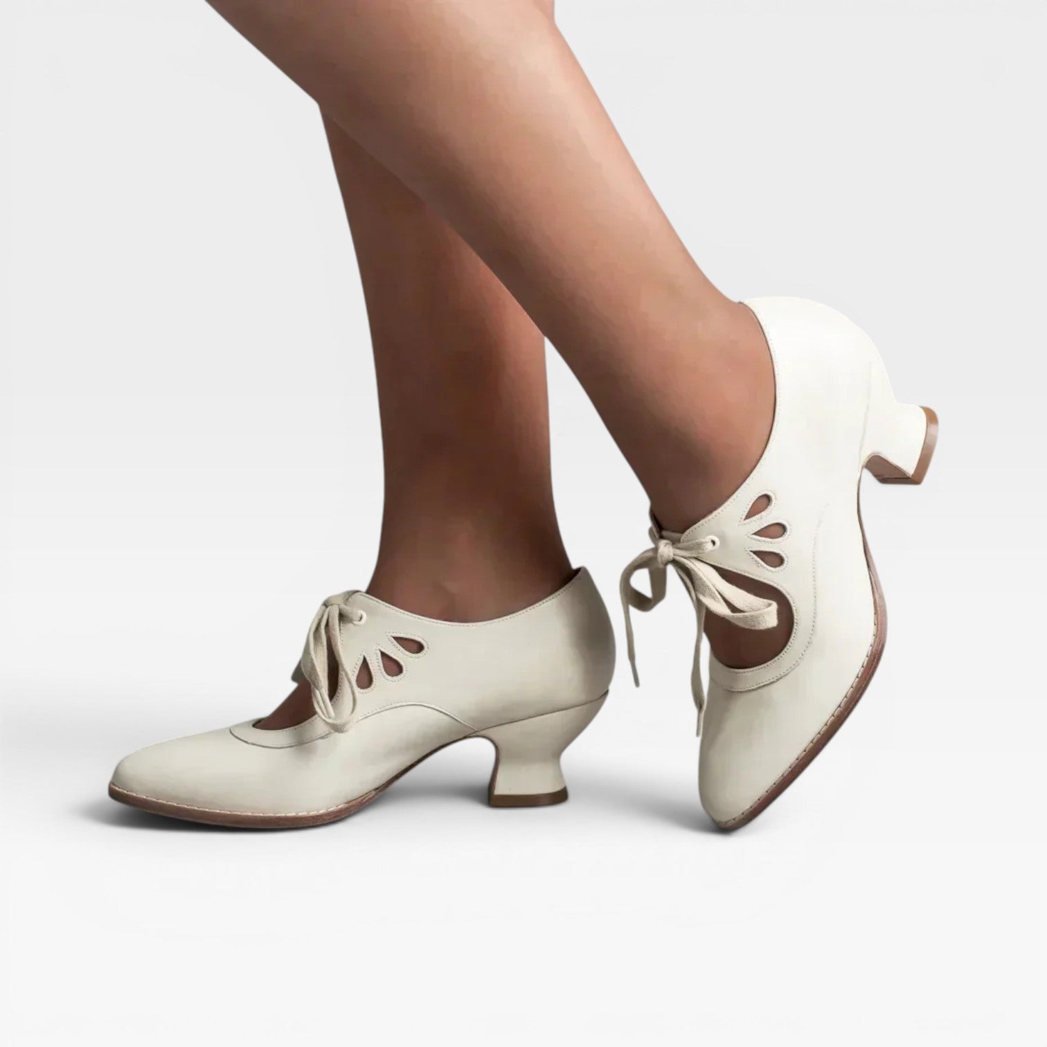 Women’s Leather Lace-Up Heels – Elegant Vintage Low Heel Pumps