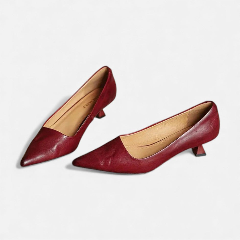 Women’s Leather Kitten Heels – Elegant Pointed Toe Low Heel Pumps