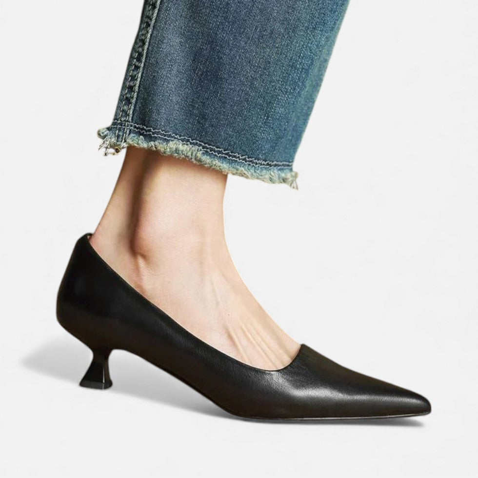 Women’s Leather Kitten Heels – Elegant Pointed Toe Low Heel Pumps