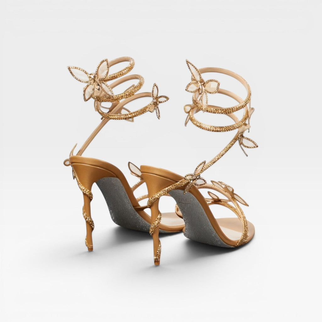 Women's Crystal Butterfly Spiral Heels – Elegant Strappy Sandals for Special Occasions