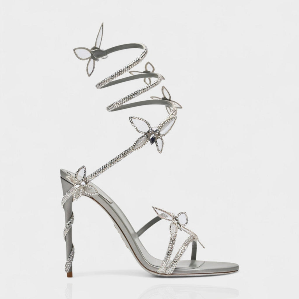 Women's Crystal Butterfly Spiral Heels – Elegant Strappy Sandals for Special Occasions